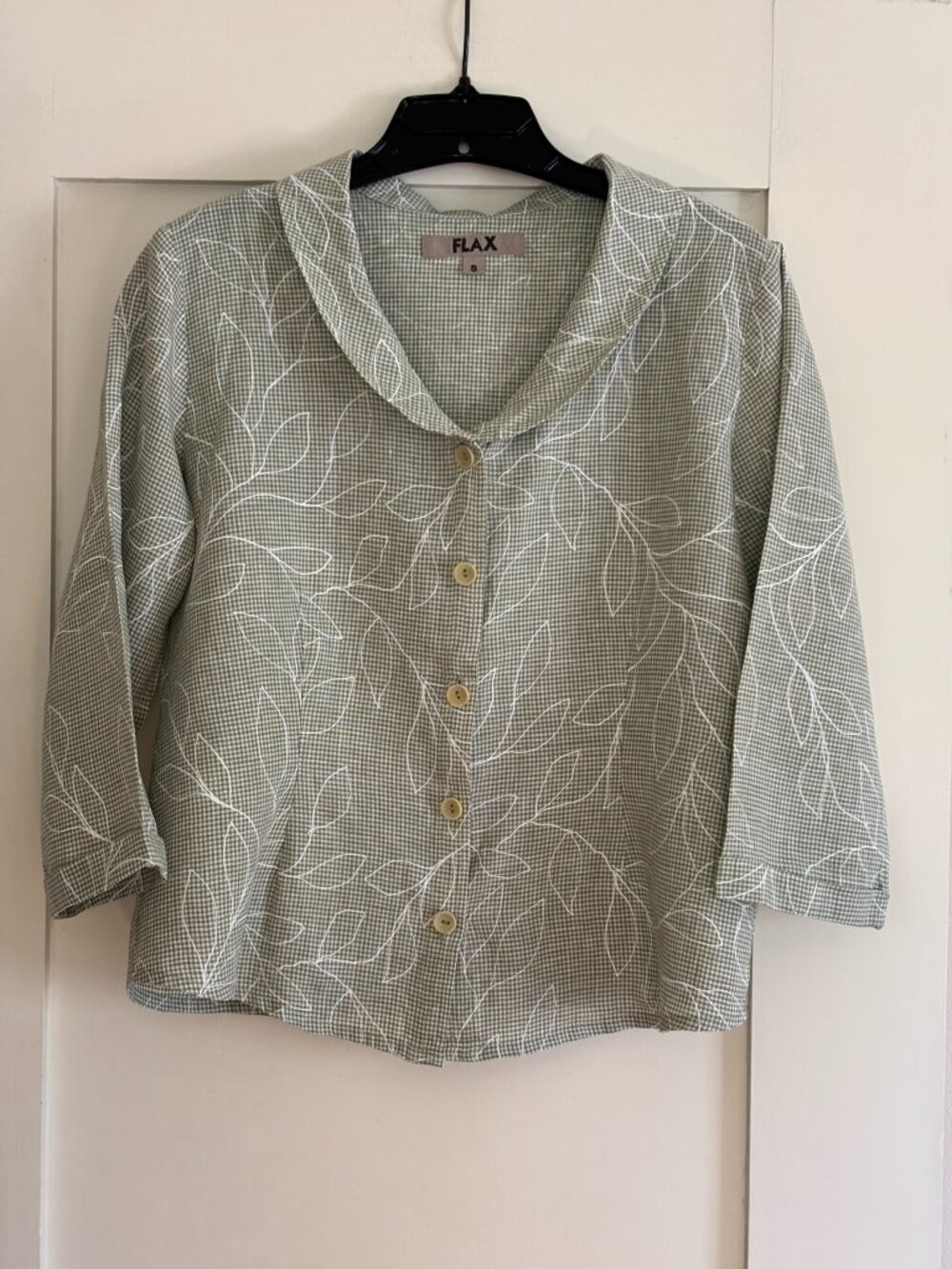 FLAX Green & White Gingham Linen Shirt SMALL